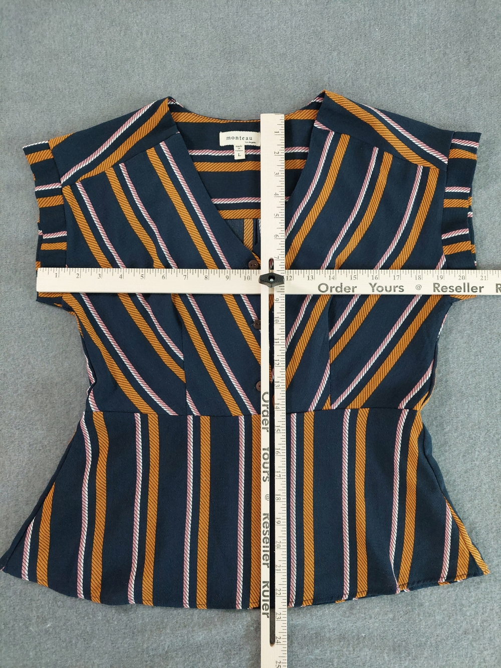 Monteau Los Angeles Striped Peplum Blouse Size L Cap Sleeve V-Neck Navy Yellow - Picture 4 of 6